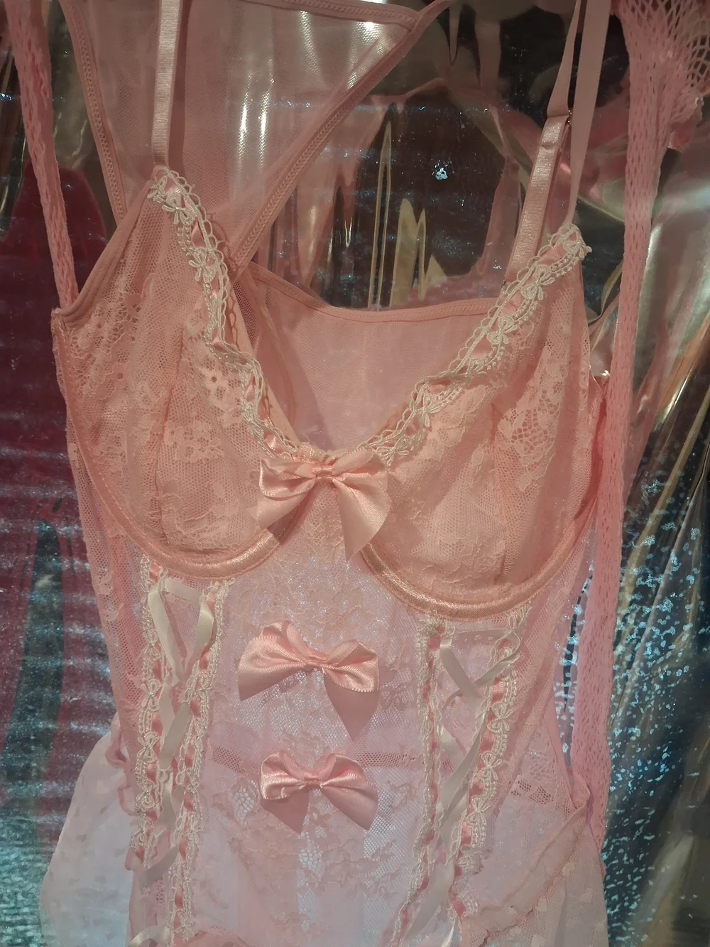 Nwots 4pc Delicate Pink Lace Babydoll Chemise with Ribbon Detail